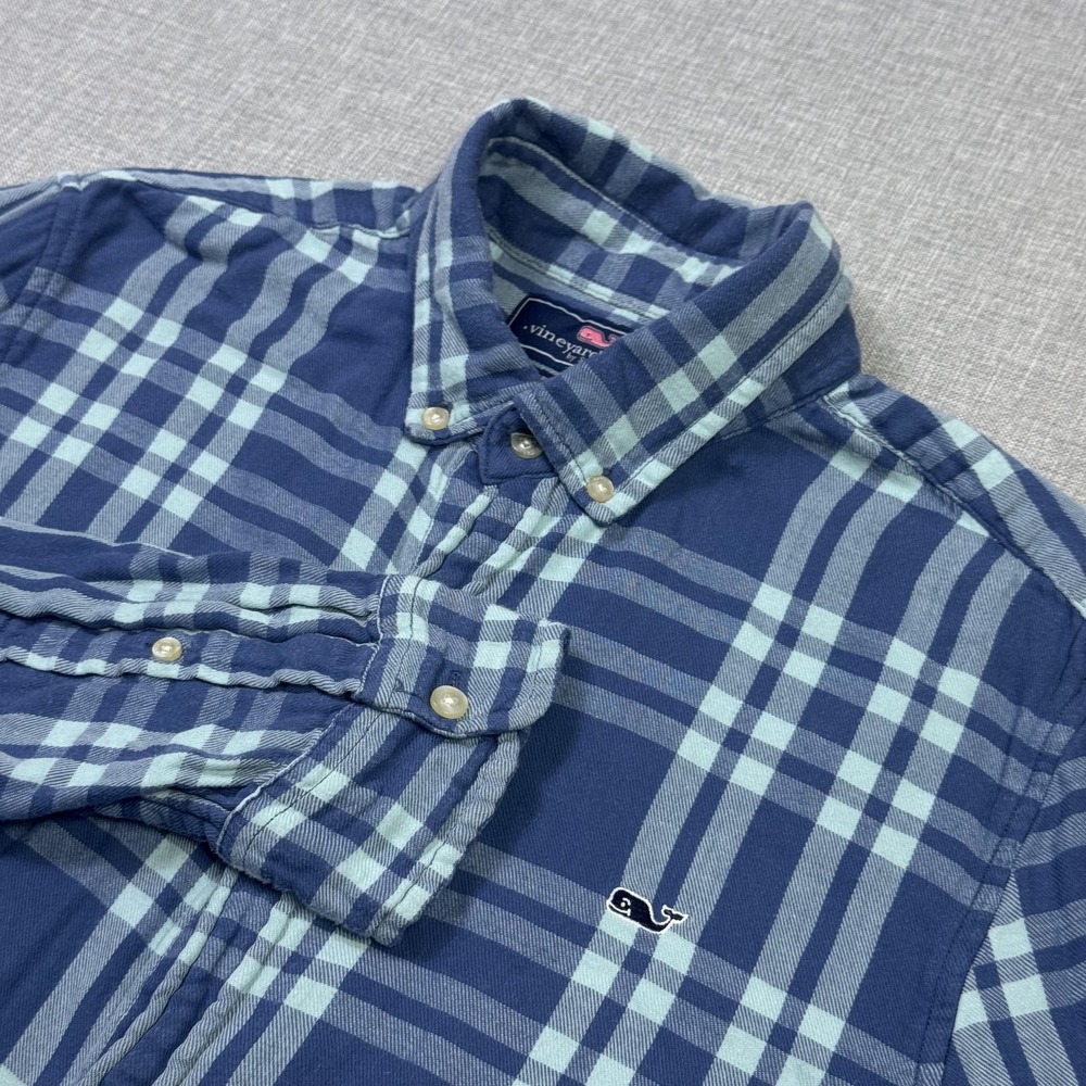 Vineyard Vines Flannel Shirt Mens M Blue Plaid Slim Fit Whale Button-Up Cotton